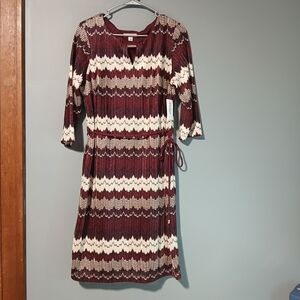 Dress Barn Maroon and Cream Sheath Dress 3/4 Sleeve Size 16